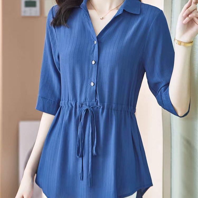 

Summer Top Half Sleeve Mom s Loose Waist Strap Up Large Short Sleeve Chiffon Shirt for Women 5XL Темно-синій