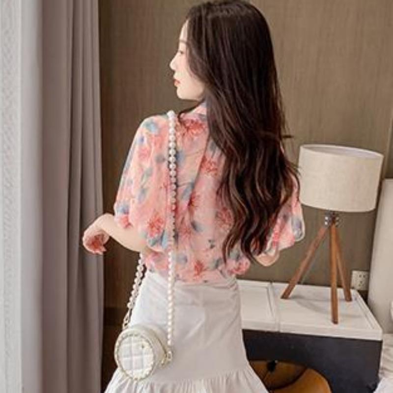 Summer Bubble Sleeve Print Crushed Chiffon Shirt Has A Design Sense of Versatile and Thin Sweet Print Tops