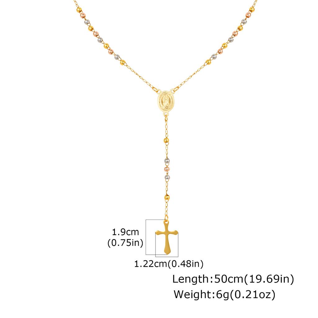 Stainless Steel Three-Color Rosary Virgin Oval Cross Y-Shaped Gold Necklace