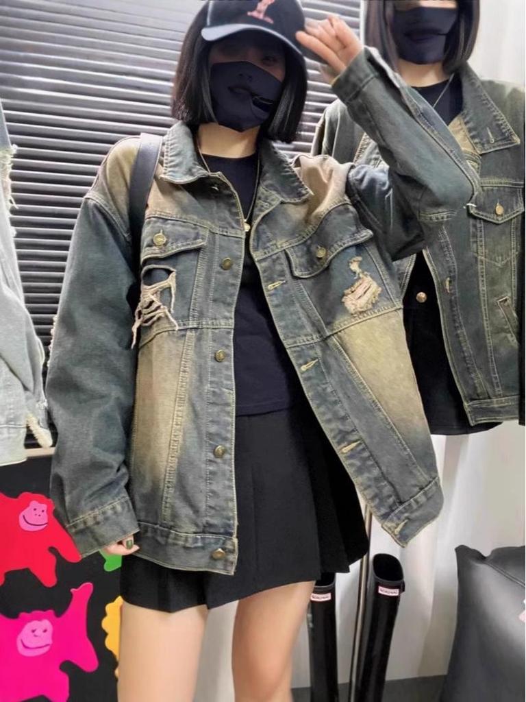 Women’s Retro Distressed Ripped Denim Jacket - Loose Mid-Length Long Sleeve, Spring 2024 Trend.