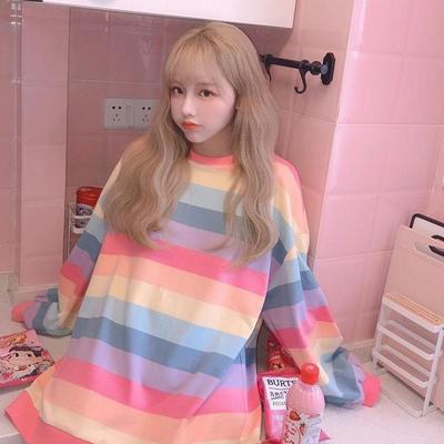 Women's Rainbow Patchwork Hoodie Kawaii Harajuku Loose Sweatshirt Top Clothes Hoodies Women