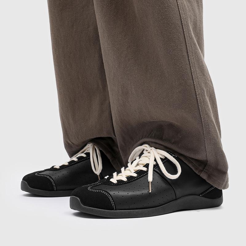 2025 High Quality Casual Retro Comfortable Shoes Tied Bicolor Pumps Round Toe Flat with Shallow Lace Up Sneakers Brown Women