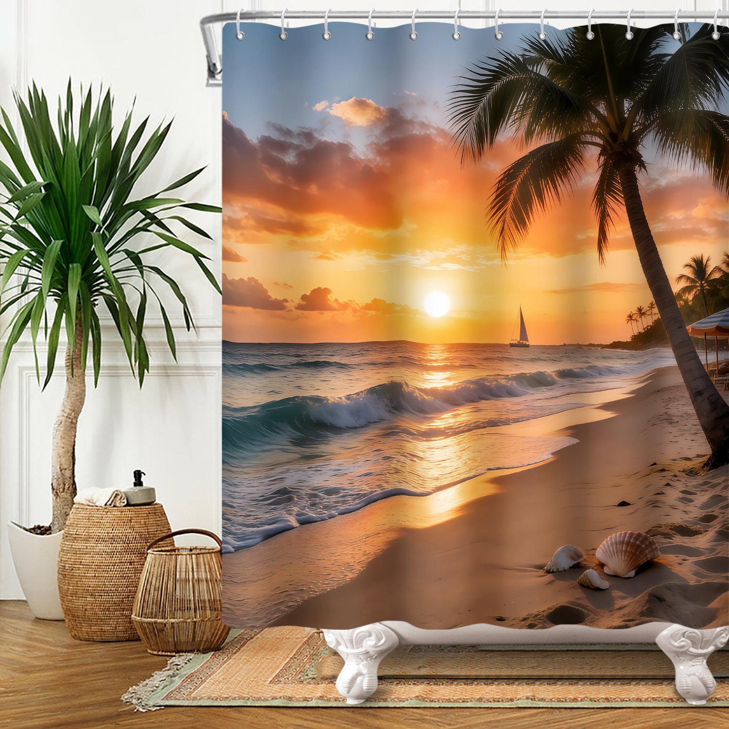 

Seaside Scenic Beach Shells Shower Curtains Starfish Conch Palm Trees Nature Scenery Waterproof Bathroom Decor Home Bath Curtain W60H190(CM)-1 Pcs