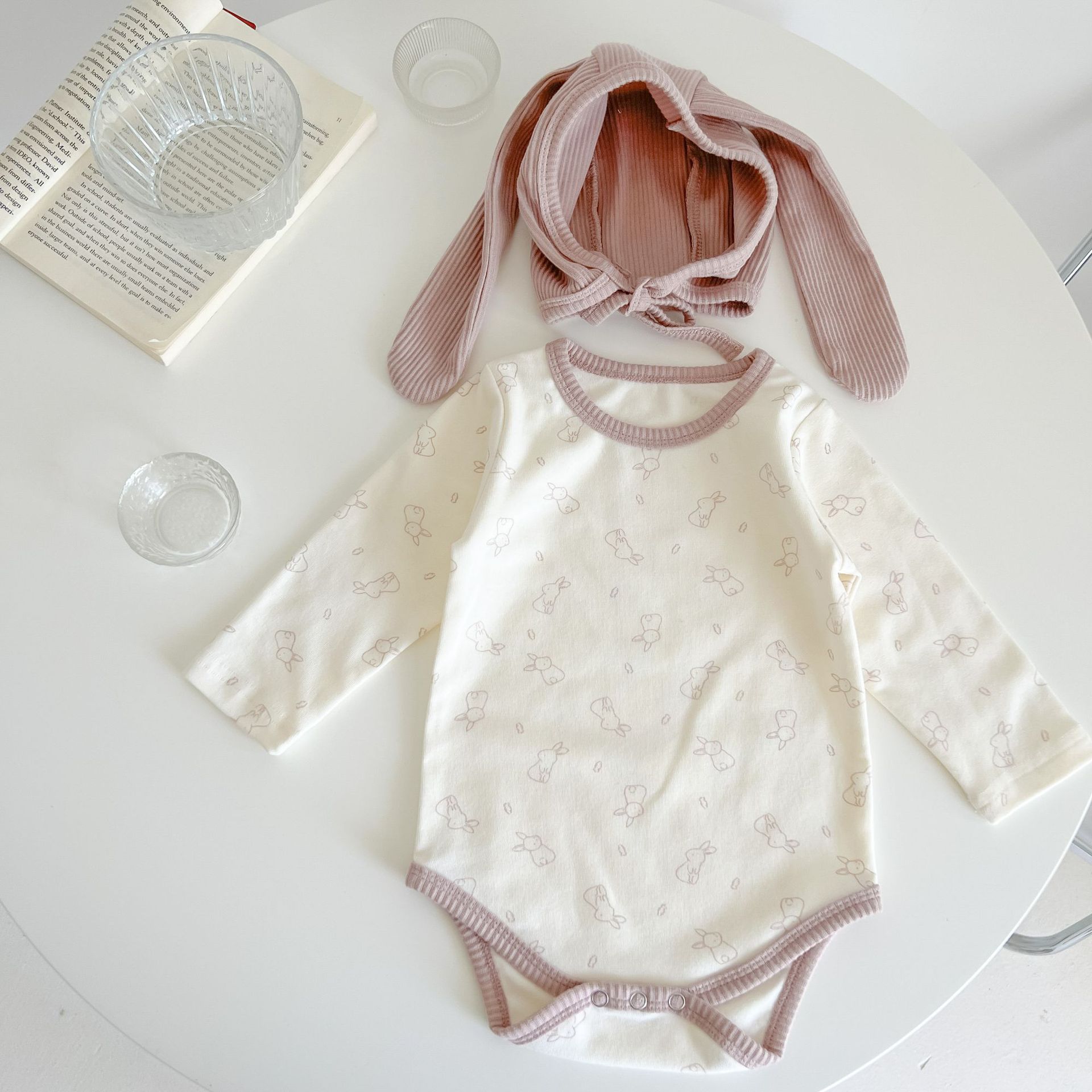 Baby Cotton Long Sleeve Bodysuit Cute Rabbit Print Infant Romper Outdoor Crawling Clothes 66 розовый