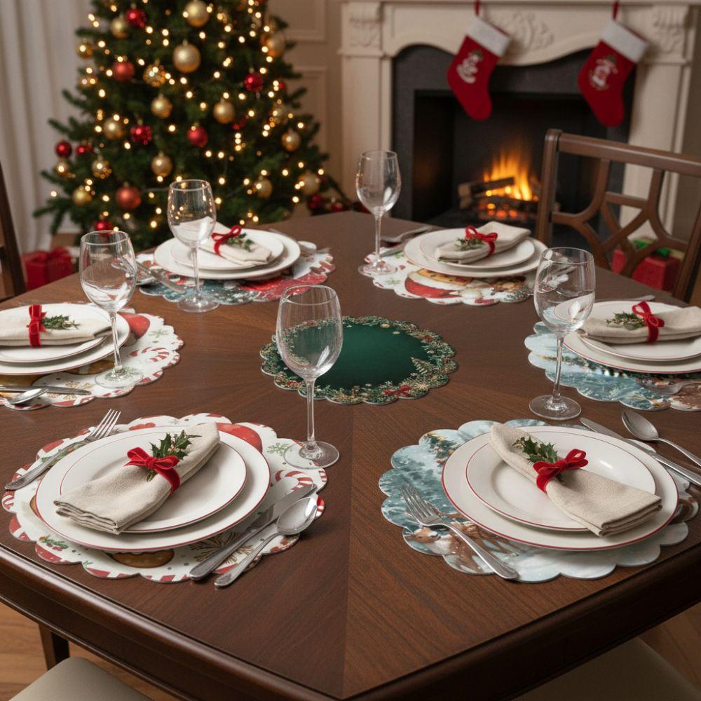 2Pcs New Round Christmas Placemats Polyester Non-Slip Christmas Table Mats Xmas Placemat Holiday Table Decor