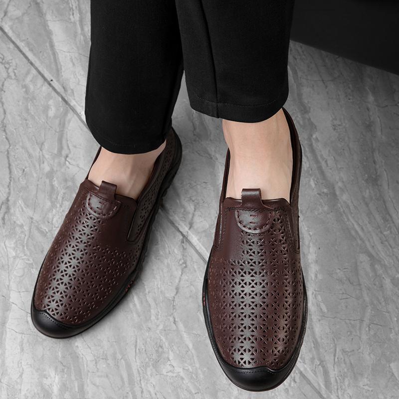 Fashion Summer Men Quality Casual Hollow Out Loafers Shoes Business Genuine Leather Shoe Luxury Brand Fashion Flats Man Breathable Shoes