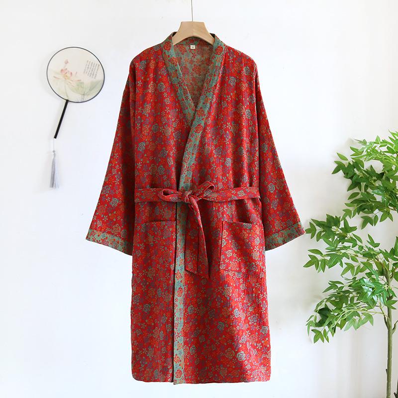 Dámská retro žakárová bavlněná yukata: Lehká jarní/podzimní noční košilka a pyžamo ve stylu kimona.