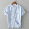 Stand Collar Men Shirt Summer Daily Casual Short Sleeve Shirt 4XL Breathable Men Clothing Simple Style Solid Color Cotton Linens Shirts
