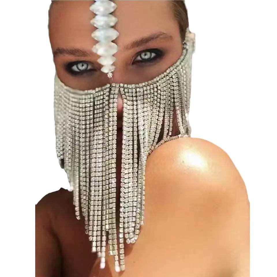 Halloween Ornaments, Full Face Mask Full Of Diamond Tassel, Party Ball Attention Shiny Diamond Mask