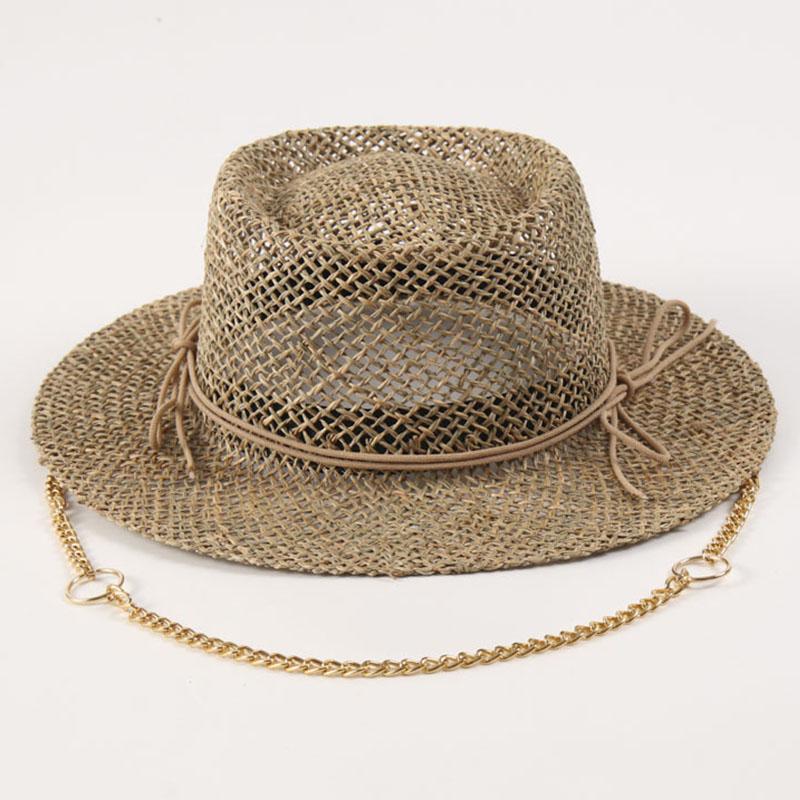 Cappello Fedora di Paglia da Donna Cappello da Sole in Erba Marina Lunga Catena Dorata Cappello Panama Estivo A Tesa Larga Cappello da Spiaggia UPF50+ Cappello da Derby per Chiesa Festa in Giardino