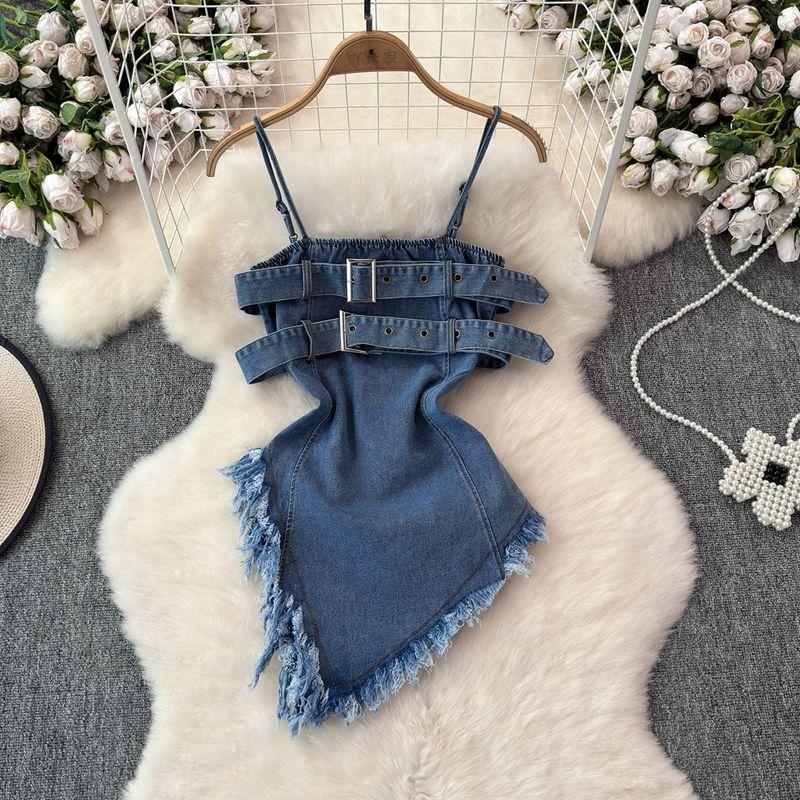 

Pure Desire Raw Edge Denim Dress Summer New Arrival Tube Top Blue All yards
