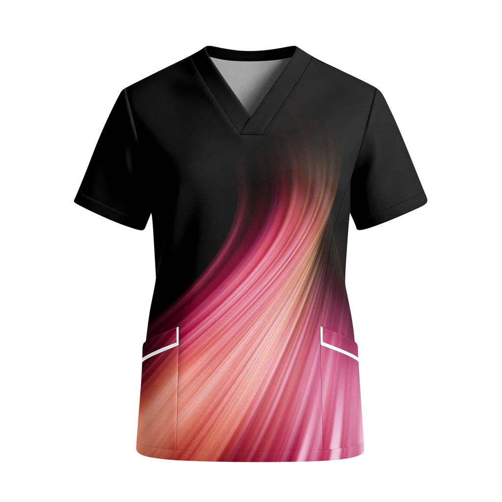 Women V Neck Short Sleeve Scrub Top with Pockets Printed Shirt for Healthcare Professionals Uniform