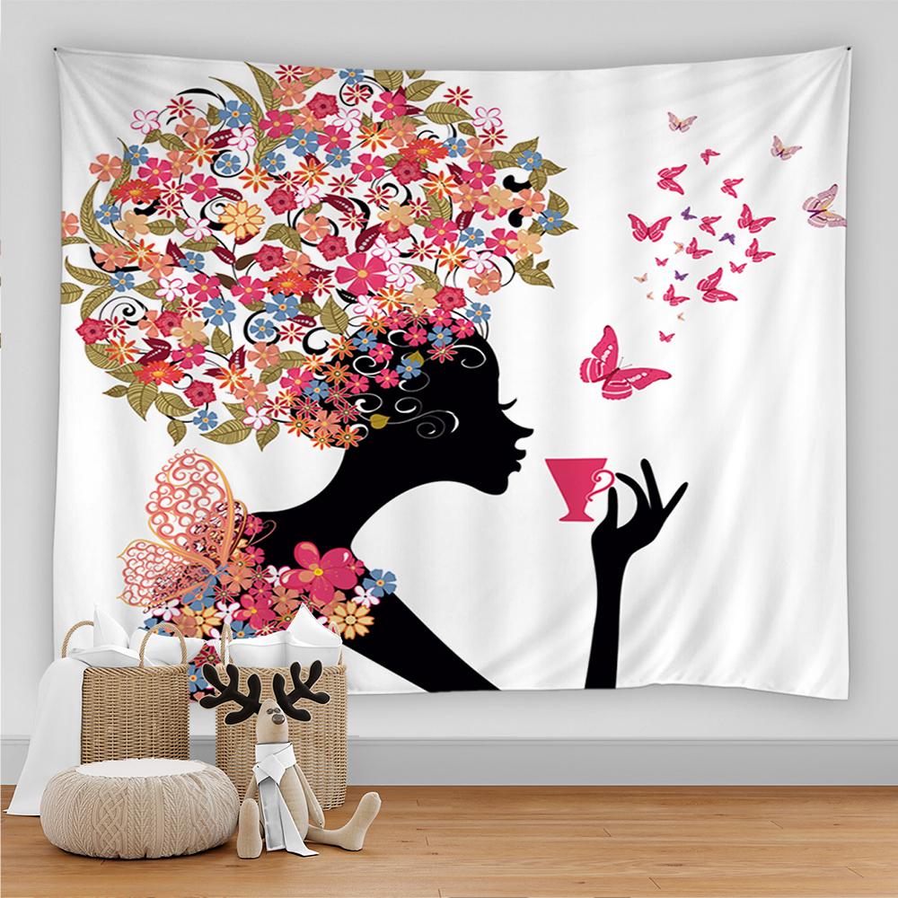 Мультфильм девушка настенный гобелен бабочка цветок мода искусство женский гобелен — фото 12