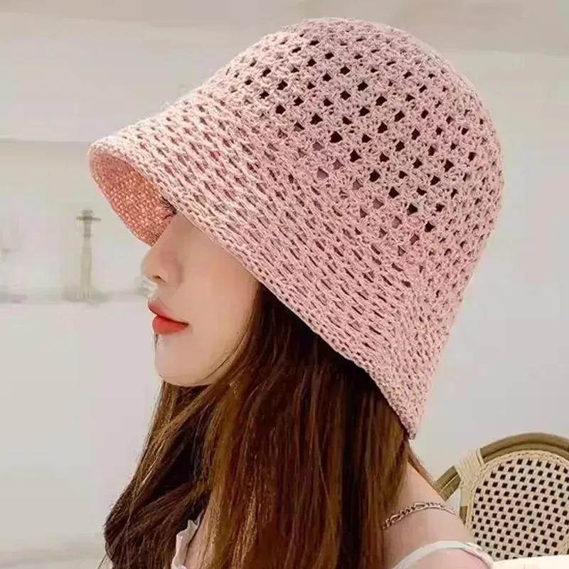 Spring Summer Large Size Knitted Bucket Hat Hollow Weave Sun Protection For Women Face Slimming
