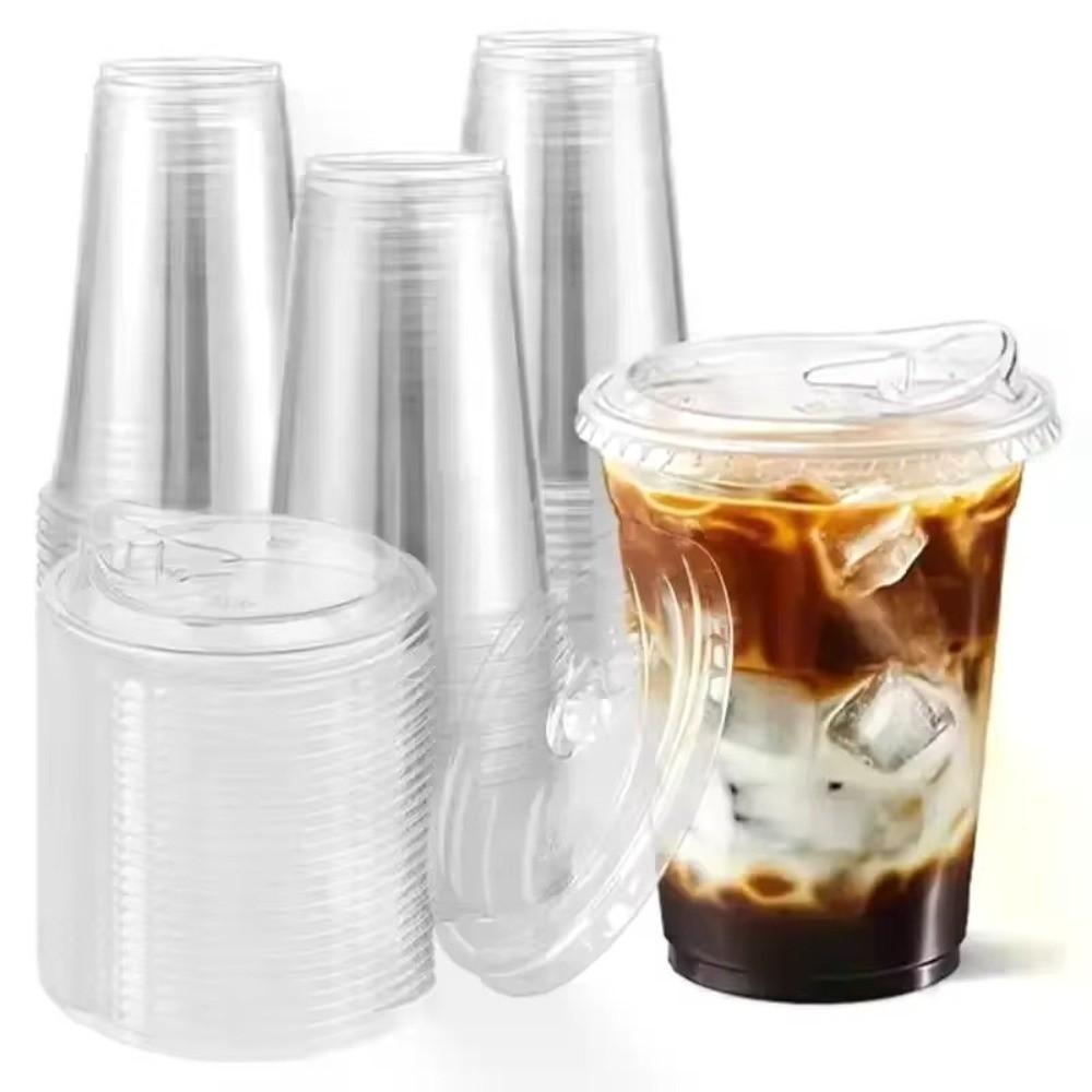 50pcs with Lids Clear Plastic Cups Leak-Proof Bubble Tea Cups New Juice Container Party Use