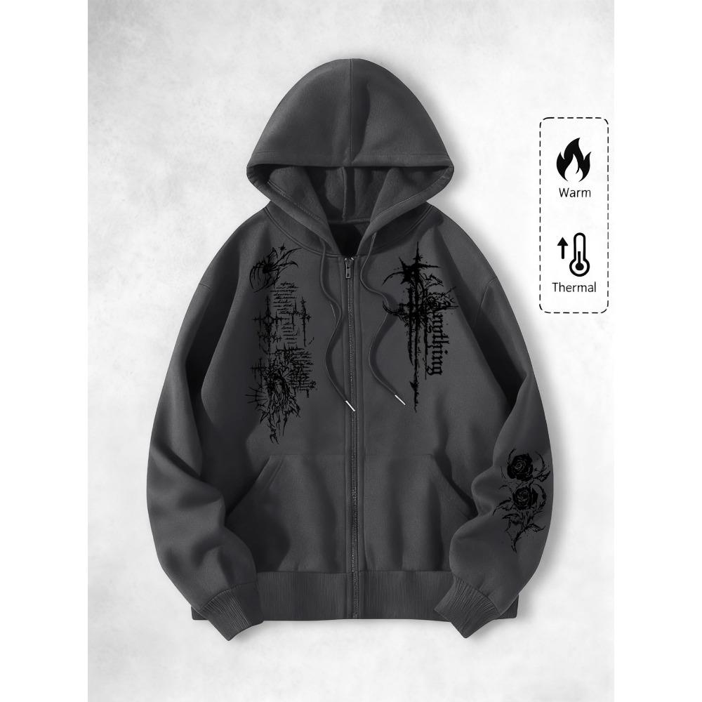 College Thorns & Roses Originele Print Rits Hoodie, Mode Street Trend Rits Hoodie voor Casual Gelegenheden