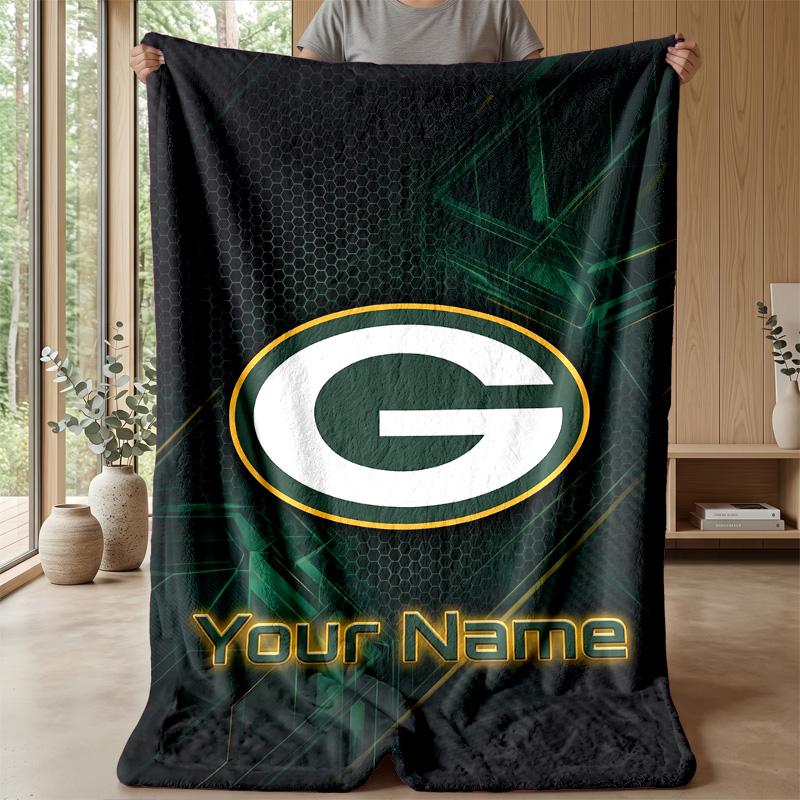 Green Bay Packers Custom Flannel Throw Blanket Print Your Name Text Soft Warm Blanket Holiday Present