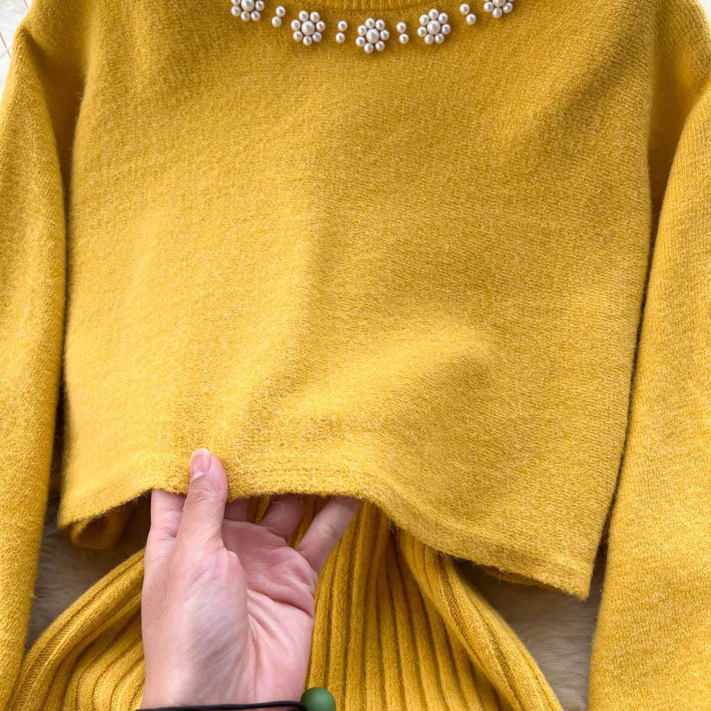 New Autumn Fashion Knitted 2 Piece Set Women Breading Long Sleeve Pearl Top+Knitted Camis Dress Female Sweater Suits 2026 Korea