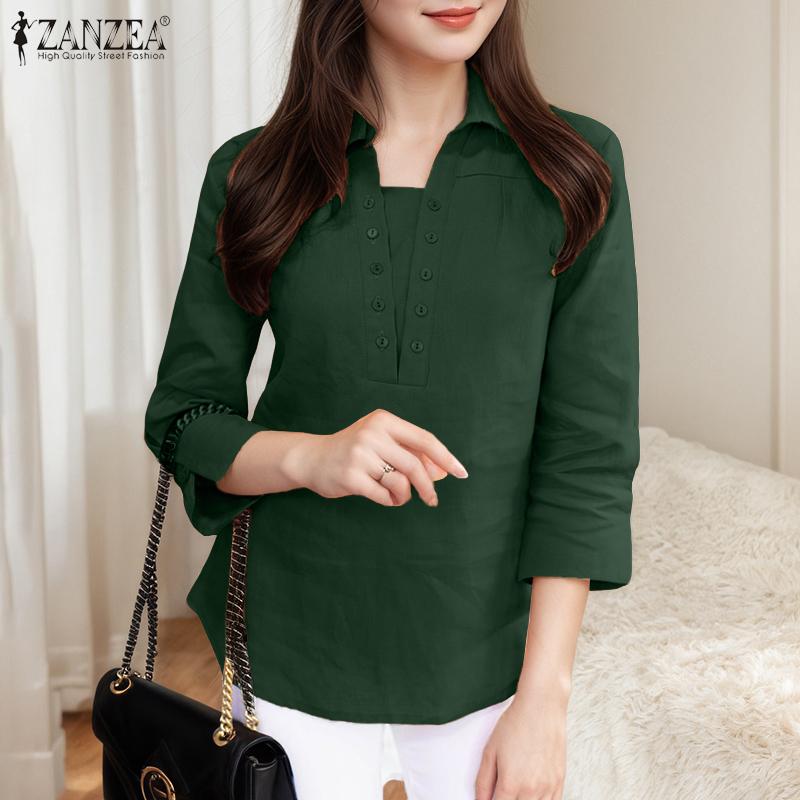 ZANZEA Damska bluzka casual z kołnierzem wykładanym, gładka, z rękawem 3/4