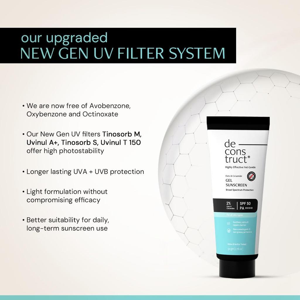 Deconstruct Oats & Ceramide Gel Sunscreen SPF 50 PA++++ |In Vivo| Barrier Repair for Sensitive & Oily skin | Soothes, Calms Skin | New Gen UV Fil