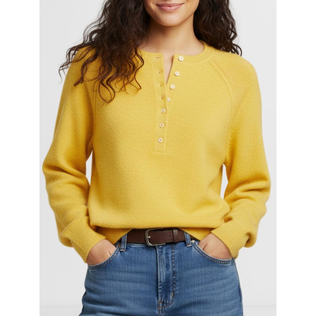 Women's Round Neck Long Sleeve Knit Sweater Loose Fit Button Detail Henley Pullover Top
