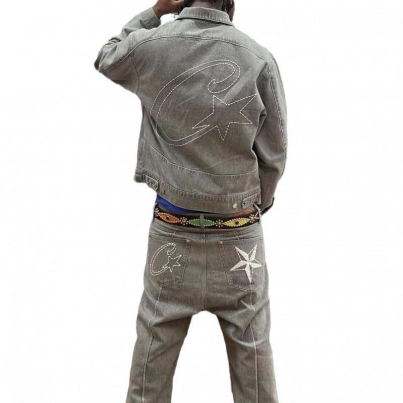 Mens Relaxed Fit Denim Jacket Pants Set Vintage Western Style Casual Outfit Gray Black