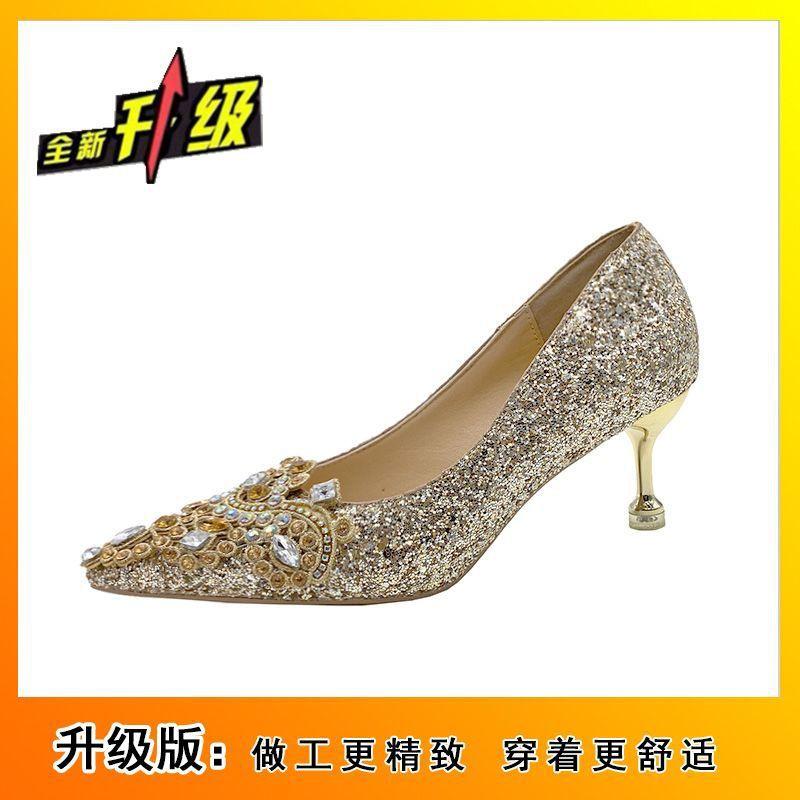 Silver wedding shoes two wear high heels single shoes women's 2025 new French champagne rhinestone show he wedding shoes
