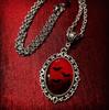 Gothic Silver Color Oval Blood-colored Bat Dracula Inspiration Resin Pendant Necklace for Women Men Hallowmas Party Jewelry Gift