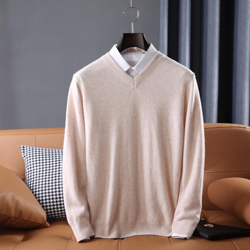 Men's Casual Autumn & Winter 100% Pure Wool V-Neck Loose Knit Sweater