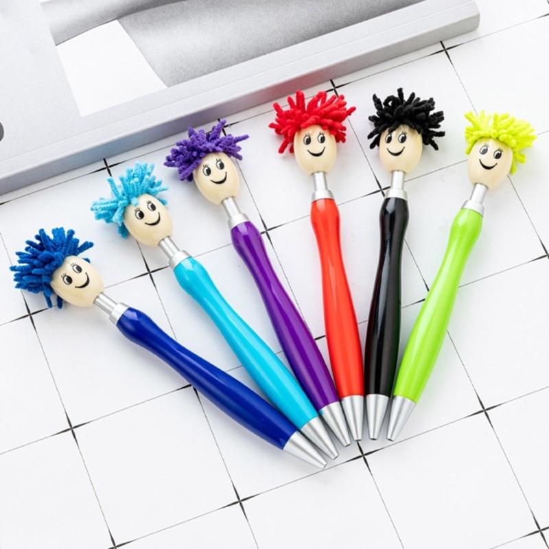 6pcs 1.0mm Mop Head Pen Retractable Ballpoint Pen with Plush Hair Smooth Writing Pen School Office Supplies for Teacher