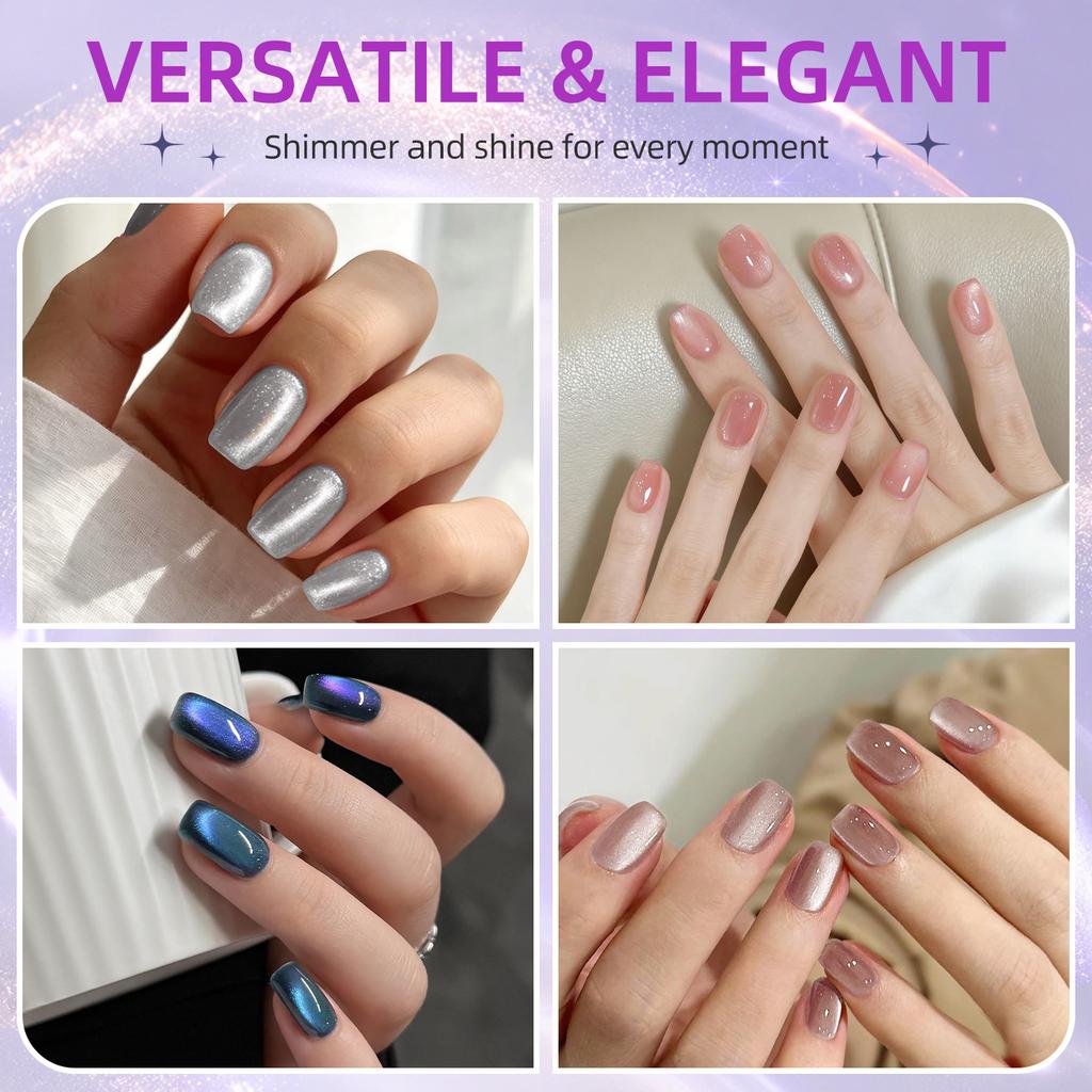 Dynamic Diamond Crushed Cat Eye Nail Polish, Icy Transparent Pearlescent Glitter Porcelain White Cat Eye Manicure Decor