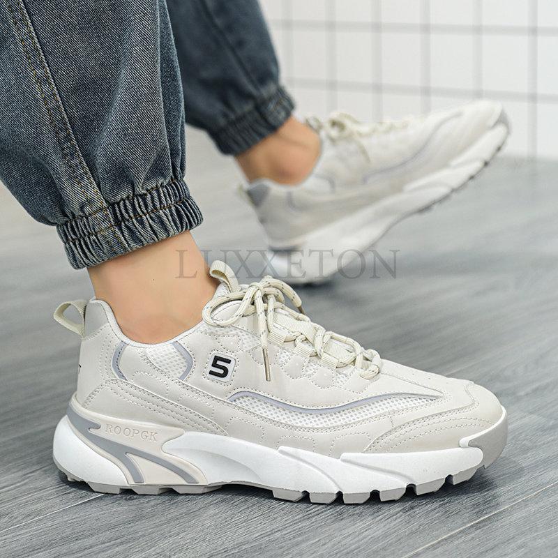 Chunky Sneakers Men Cover Bottom Board Shoes Fashion Casual Leather Mesh Breathable Increased Internal Platform Running Shoes