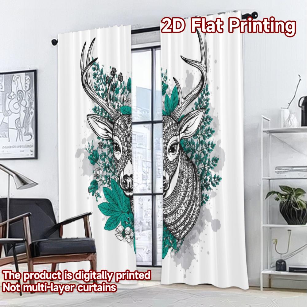 2D FLAT PRINTING 2pcs Curtains (Without Rod) Deer with Floral Antlers Modern Fashionable Curtains 100% Polyester Curtains