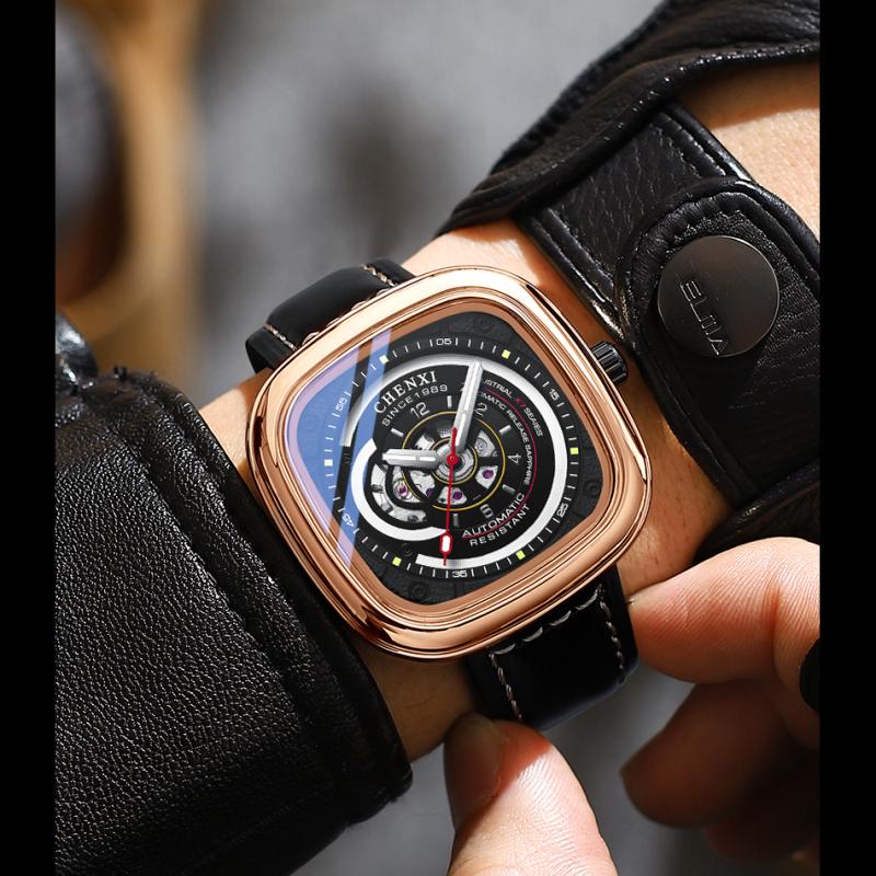 Orologio Meccanico Automatico Uomo – Quadrato Tonneau Con Diamanti – Cinturino In Silicone – Impermeabile 30m – Design Scheletrato