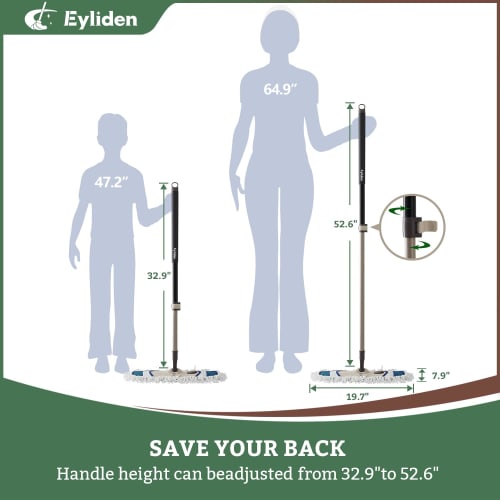 Eyliden Dust Mop with Two Reusable Washable Pads - One-Touch Replacement, Adjustable Height Handle, Wet & Dry Mop for Floor Cleaning, Hardwood, Lamina