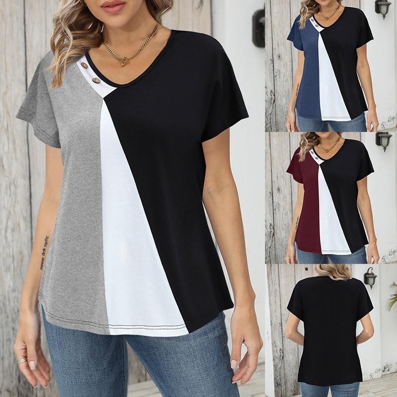 Women Color Block Print Loose Short Sleeve Casual Button T Shirt