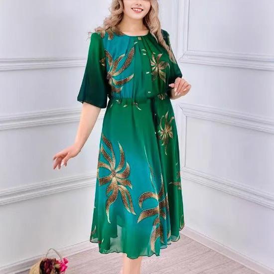 Rochie Europeană și Americană Retro cu Imprimeu, Mâneci Șapte Sferturi, Protecție Solară, Lungime Medie