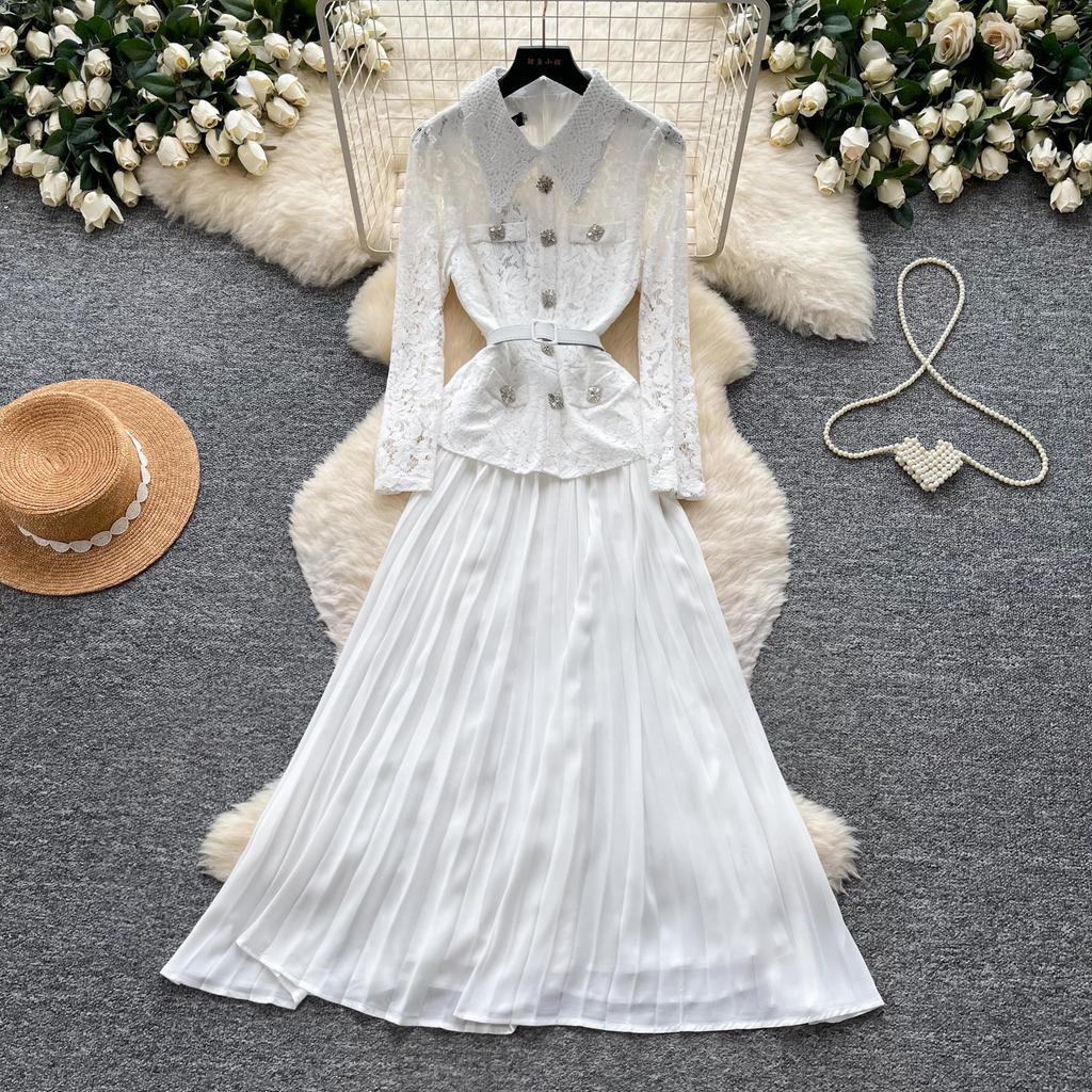 Vintage lace splicing heavy industry lapel dress women's spring and autumn long-sleeved waist A-word long dress commuting advanced sense