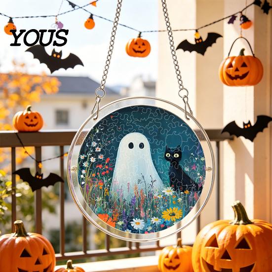 Acrylic Halloween Decoration Suncatcher Jigsaw Puzzle Set, Spooky Ghost Floral Meadow Window Hanging Ornament with Metal Lightweight Frame