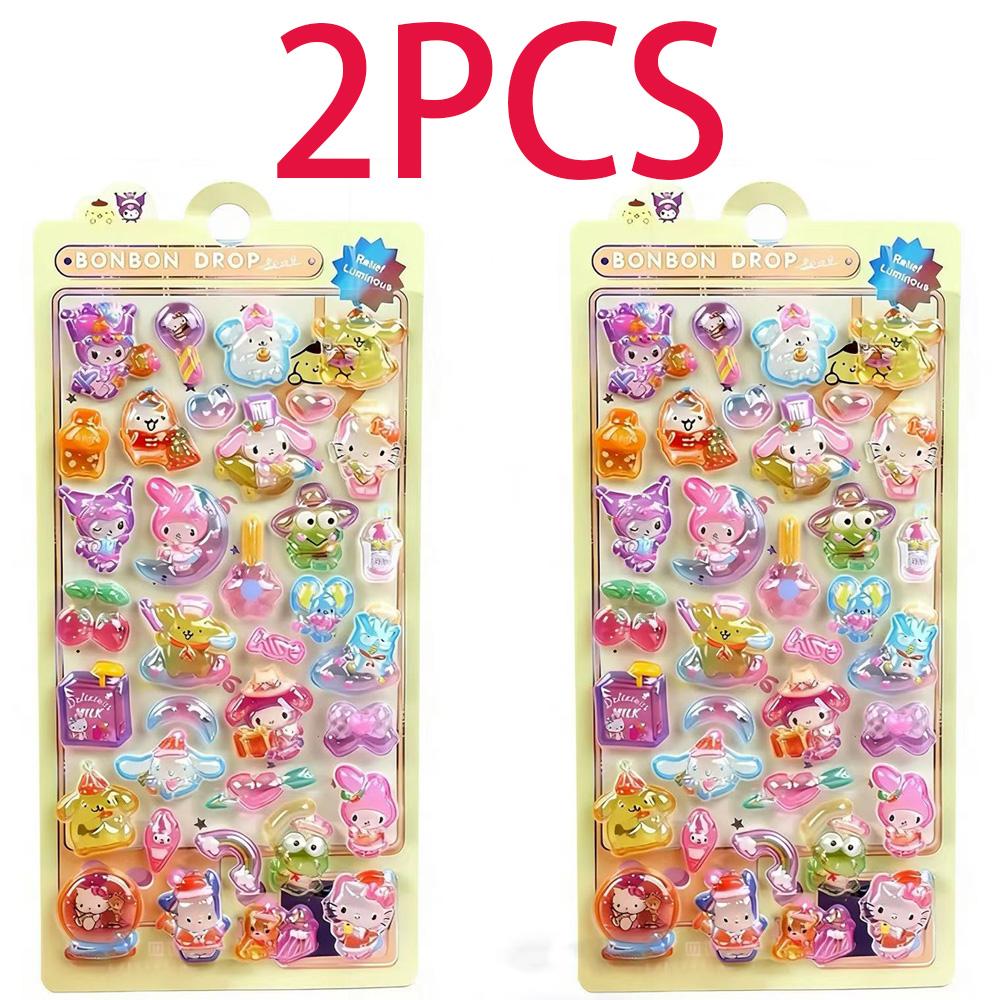 Luminous Cute Sanrio 3D Relief Stickers Kawaii Girls Kuromi Cinnamoroll My Melody Crystal Decals Kids Decoration Sticker Packs