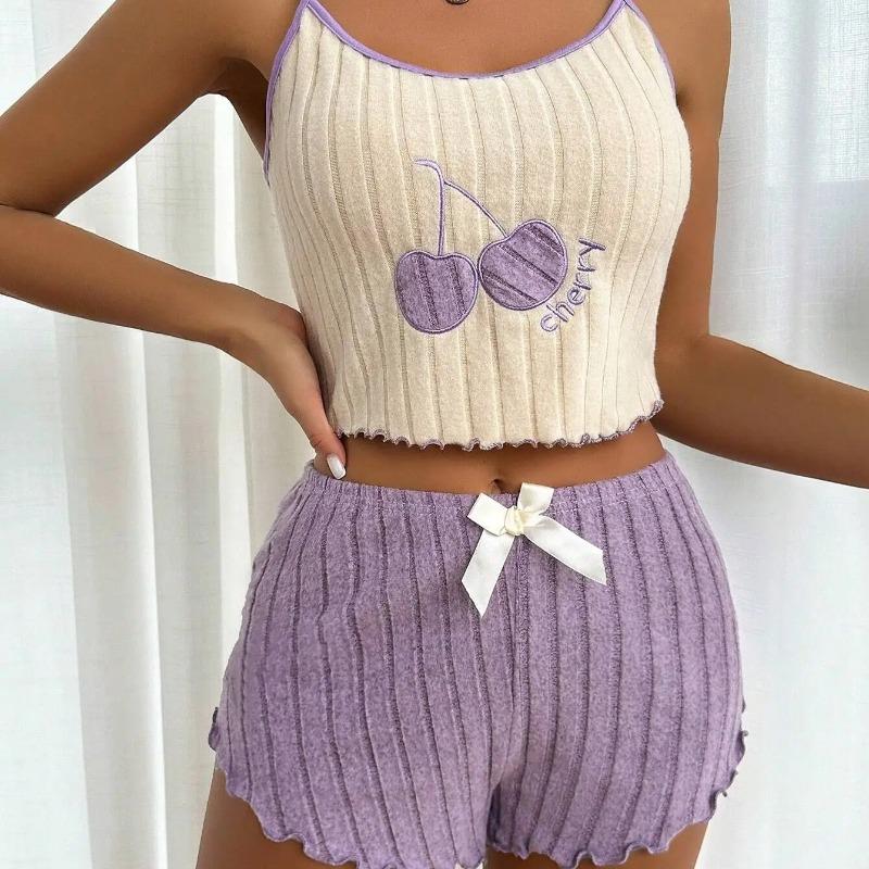 Summer 2pcs Pajamas Set for Women Casual Simple Ground Wool Halter Vest Shorts Set Home Wear Sleepwear Loungerwear