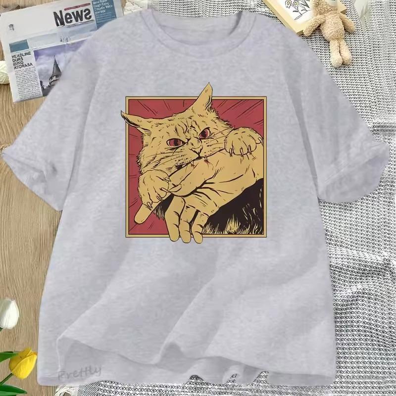 Vintage Cat Bite Cotton T Shirt Japanese Horror Retro Graphic Tee Horror Cats Crazy T Shirts Men Women Fashion Short Sleeve Tees