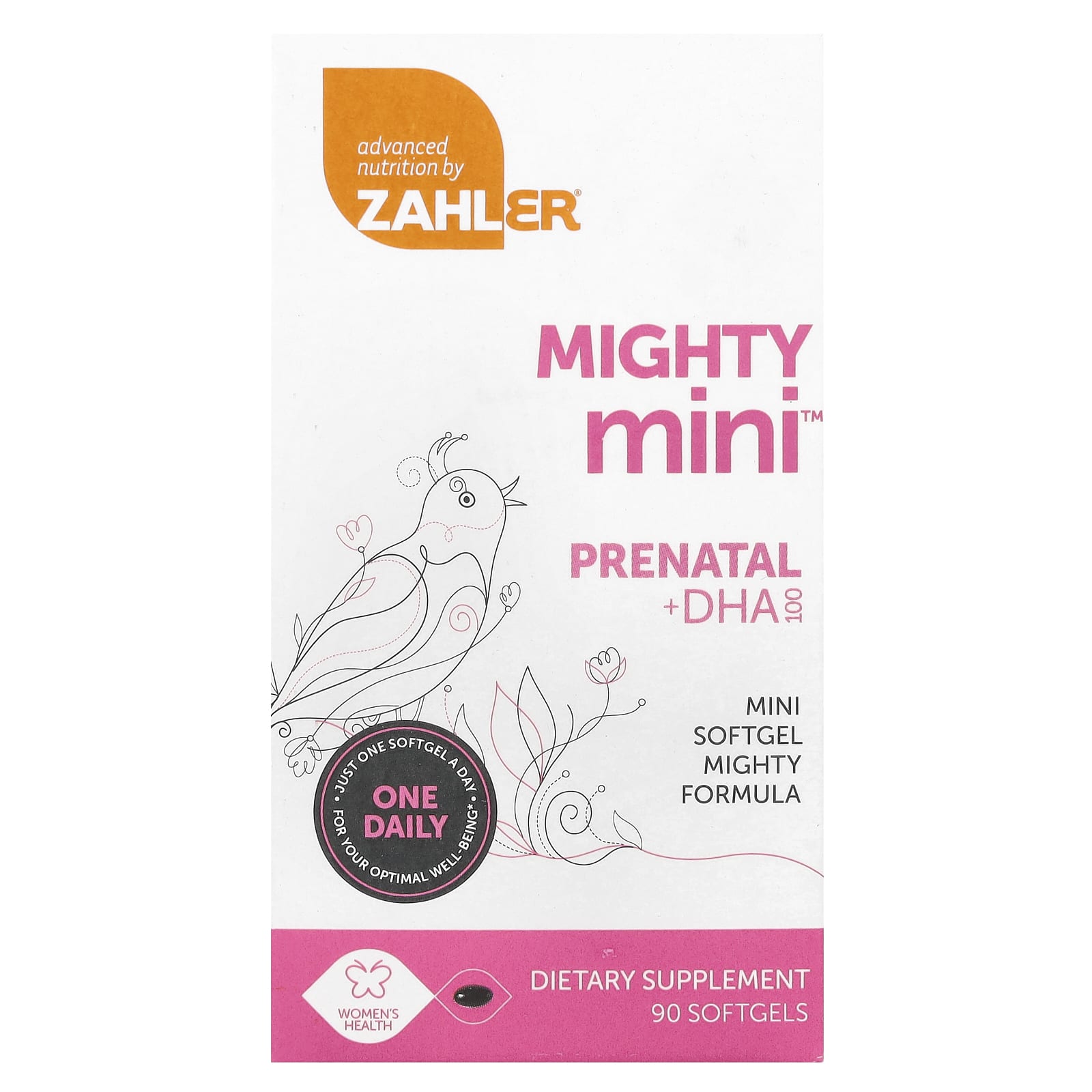 

Zahler, Mighty Mini Prenatal + DHA, 100 мг, 90 капсул