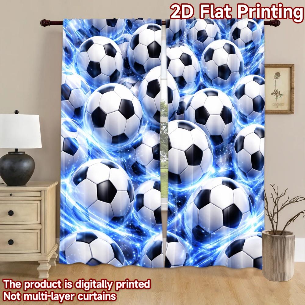 2D Flat Printing 2pcs Curtain Drapes Soccer Balls Glow Digital Printed Polyester Drapes Birthday Party Perfect for Holiday