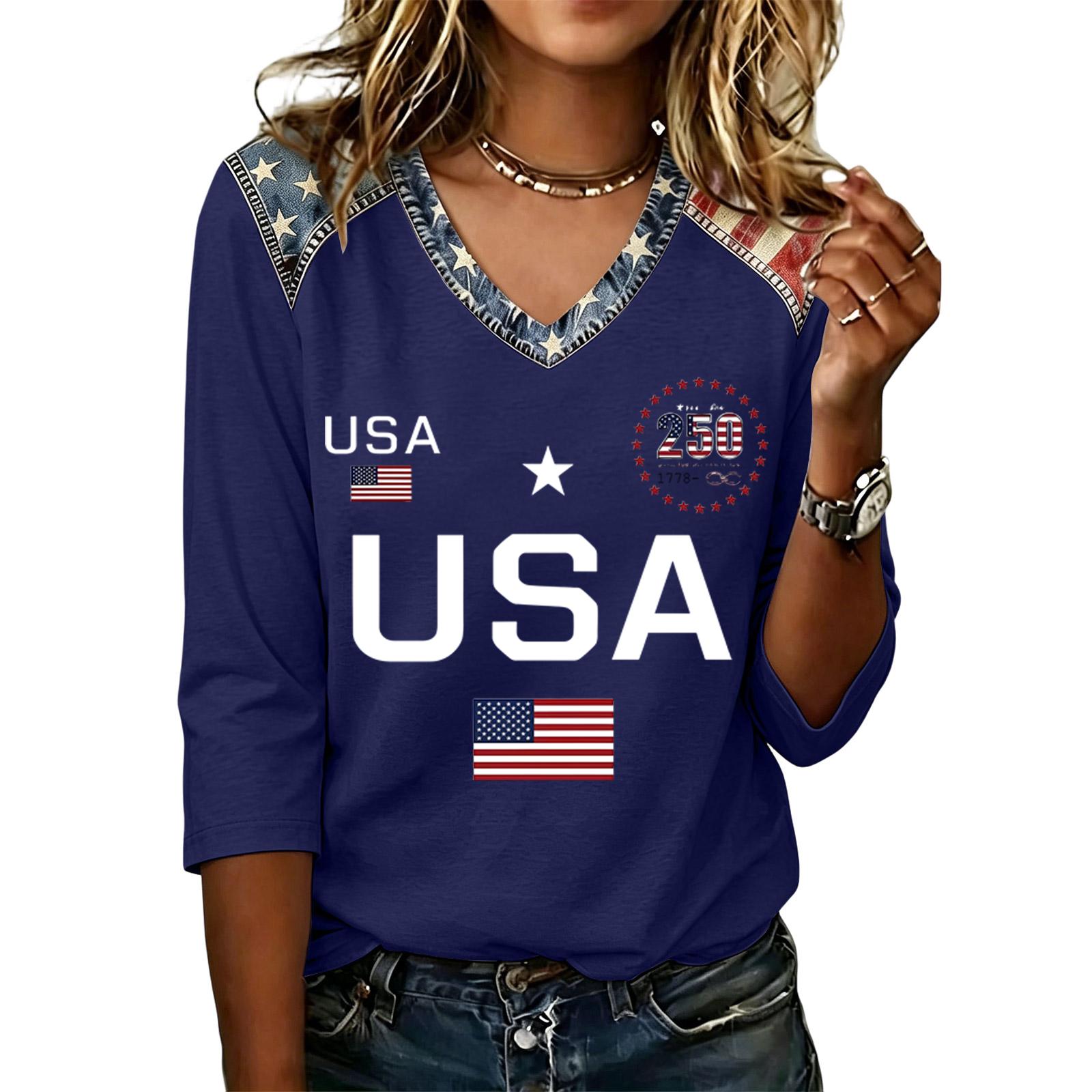 Long Sleeve Shirts for Women Womens Long Sleeve Tops Long Sleeve T Shirt Women Long Sleeve Going Out Tops for Women USA Flag Print V Neck Casual Shirt M тёмно-синий