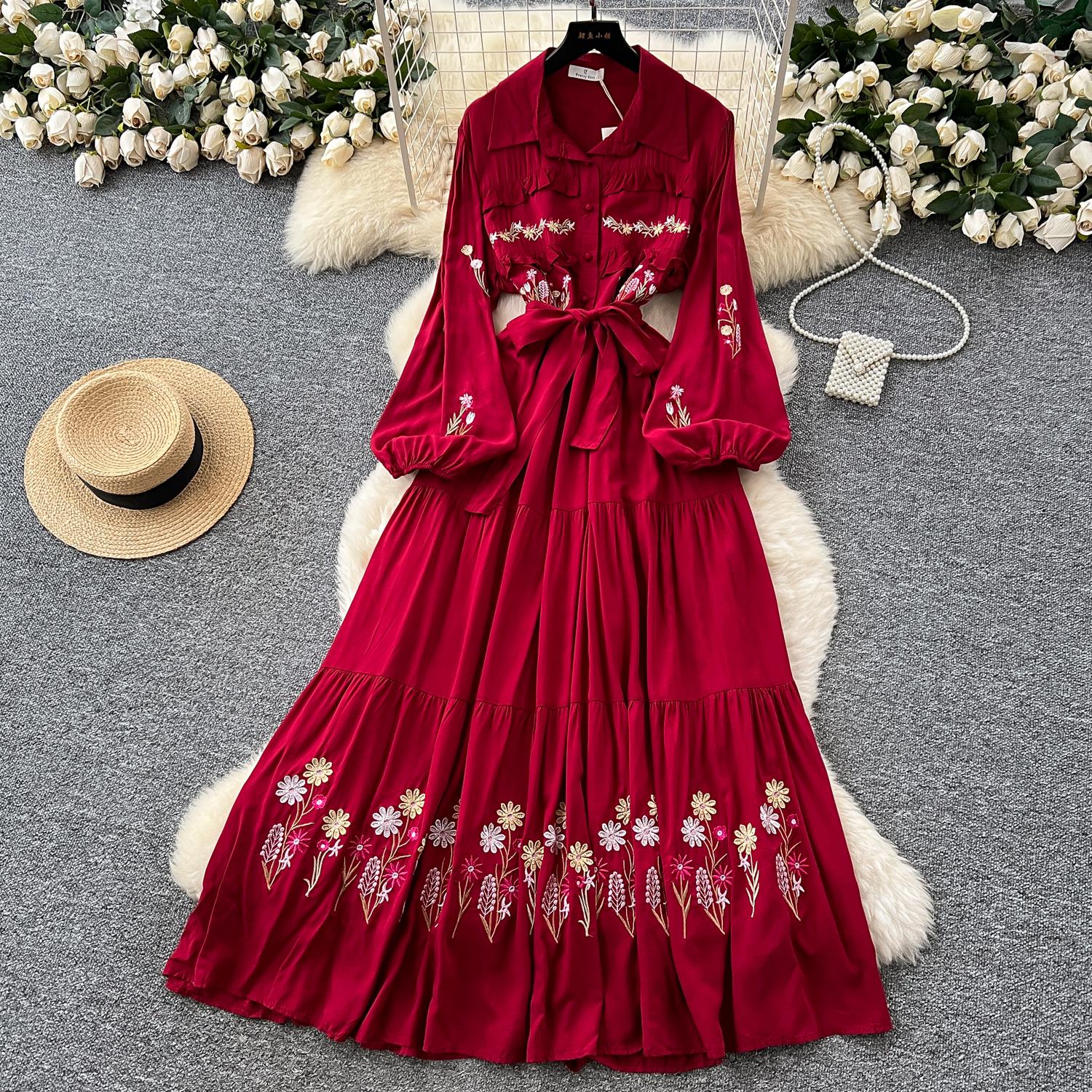 

Винтажное сексуальное платье с длинным рукавом, вышивкой, шнуровкой и пуговицами, шикарные пляжные платья в стиле фейрикор для отпуска, женская одежда One Size красный