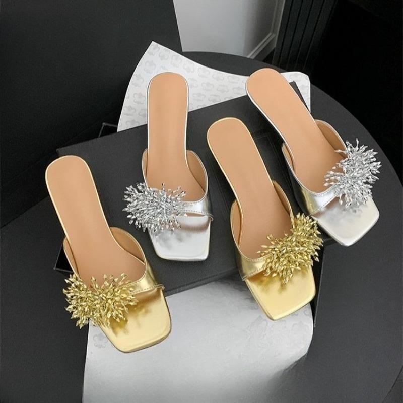 Fashion Summer New French Rhinestone Flower Block Heel Slippers for Women Open Toe Non-slip High Heel Slippers