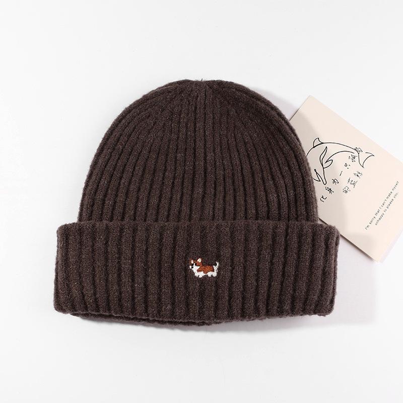 Autumn and Winter Hat Women Cartoon Puppy Embroidered Knitted Hat Student Warm Ear Protection Wool Hat Outdoor Jacket Cold Hat Man