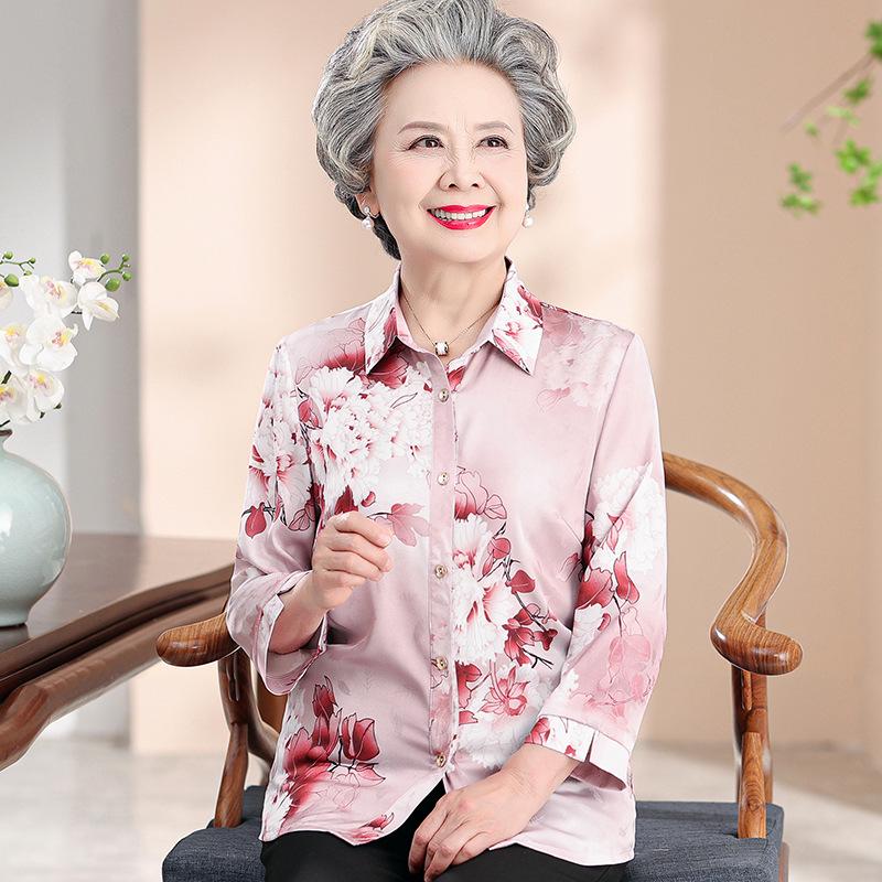 

Silk Printed Seven-Sleeve Lapel Shirt for Women - Stylish Spring/Summer Top for Middle-Aged and Elderly XL (recommended 100-110 lbs) червоний