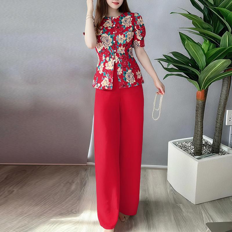 

ZANZEA Женский комплект из блузки с коротким рукавом и брюк с цветочным принтом, повседневный костюм-двойка S красный